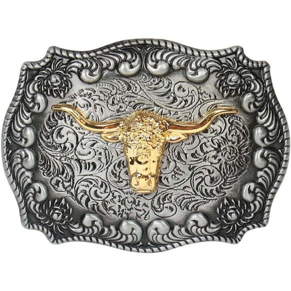 Men's Silver Long Horn Bull Western Golden Rodeo Texas Cowboy Large Buckles - Picture 1 of 6